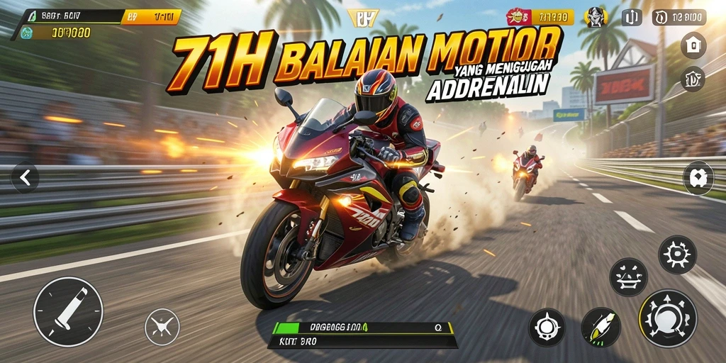 Tangkapan layar 71H menampilkan aksi balap motor yang mendebarkan.
