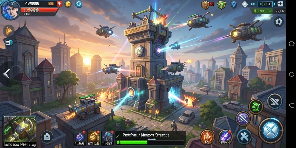 Tampilan gameplay menara pertahanan yang menegangkan dan strategis.