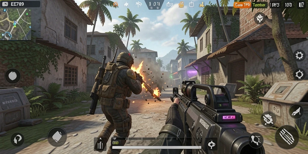 Screenshot gameplay EE789 menampilkan aksi mendebarkan dalam game TPS.