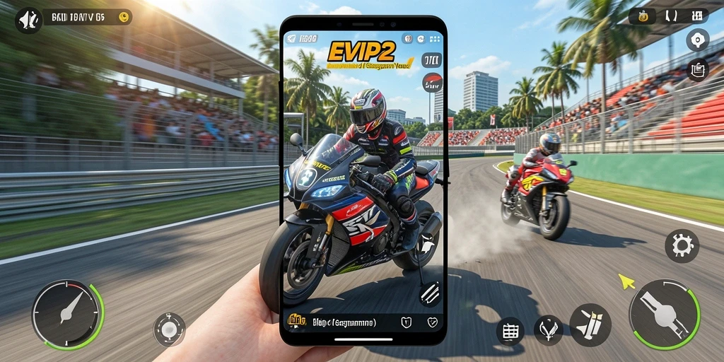 Tampilan gameplay balap motor yang seru dan menegangkan.