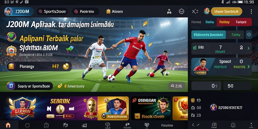 Tampilan utama J200M yang menggambarkan fitur sportsbook yang menarik.