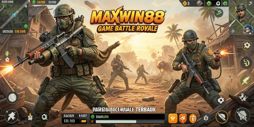 Gameplay seru MAXWIN88 di tengah arena pertempuran Battle Royale.