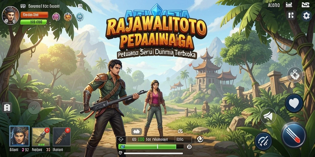 Screenshot gameplay RAJAWALITOTO menunjukkan petualangan dalam dunia terbuka.