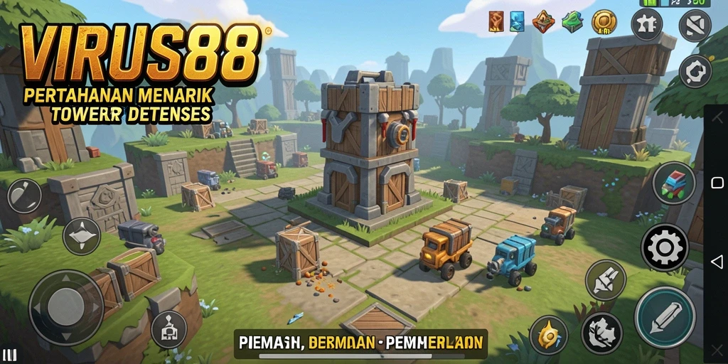 Screenshot gameplay VIRUS88 menampilkan aksi Tower Defense yang mendebarkan.